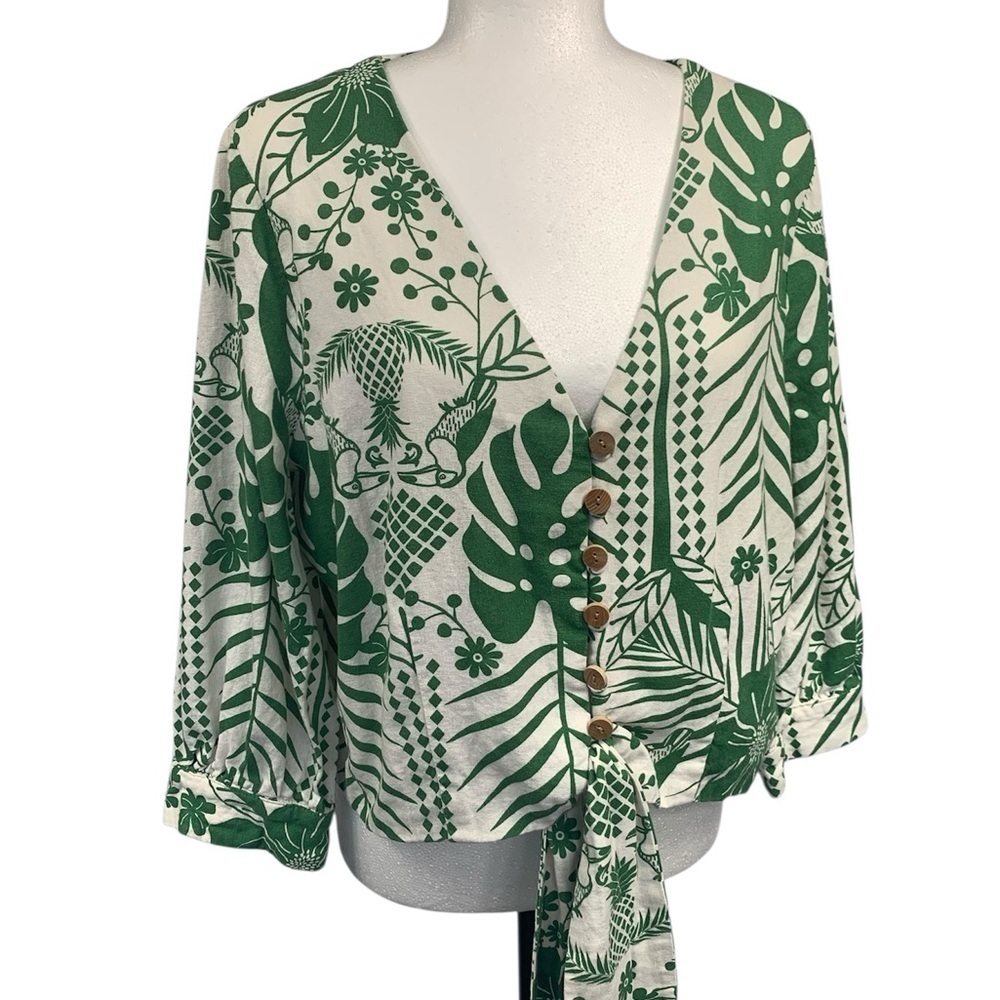Maison d'Amélie Anthropology Blouse Linen 3/4 Sleeve Boho Resort Green/White L - Picture 3 of 11